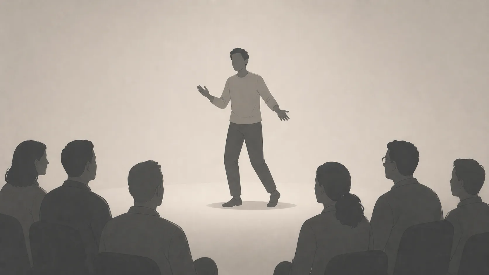 A lone figure stands at the front of a large room, facing rows of seated silhouettes. Arms slightly relaxed, posture open — body language of quiet, unexpected ease rather than triumph.