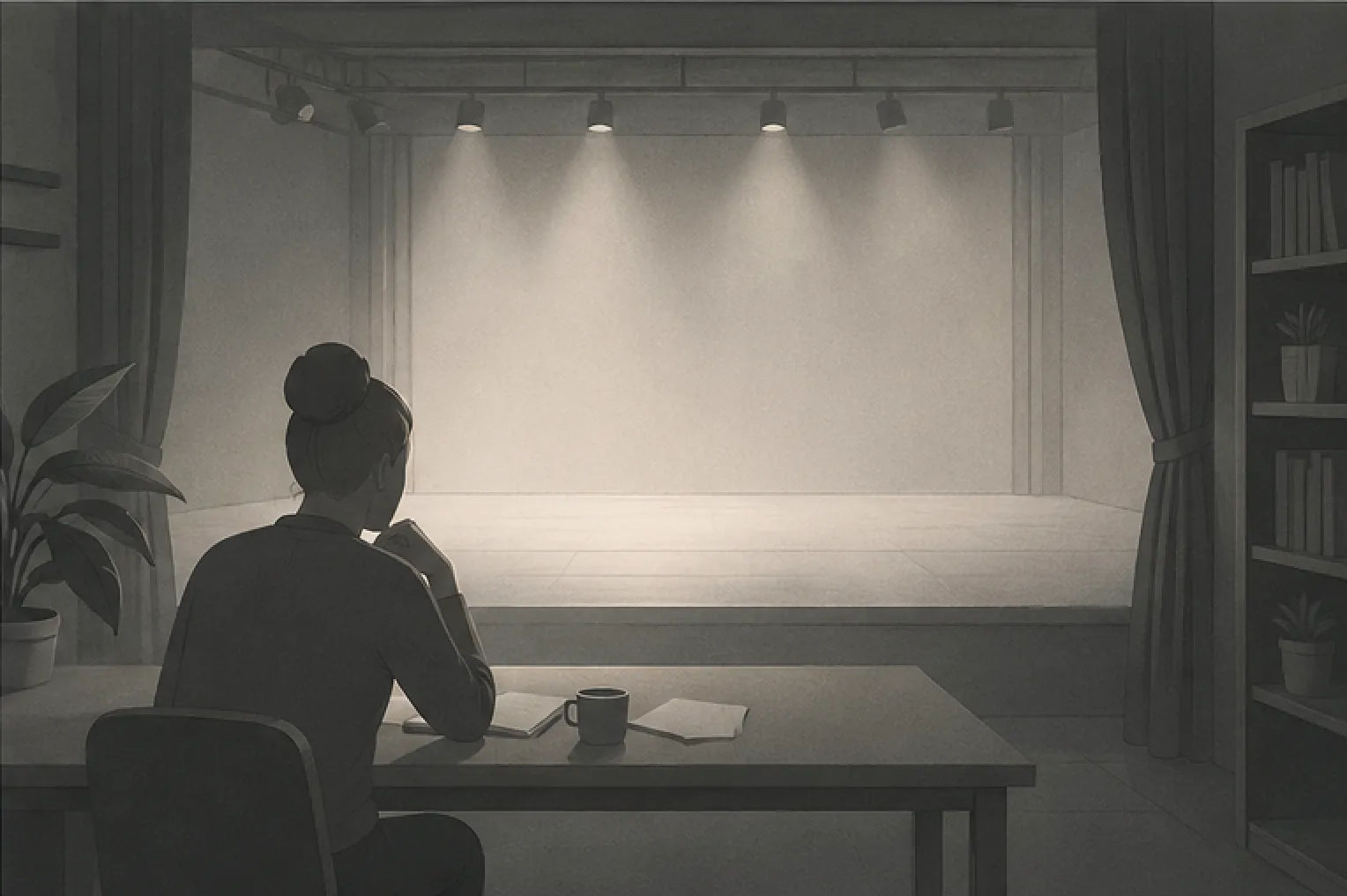 A figure sits alone at a desk, but instead of a screen they face an open, empty stage in the middle distance — as if imagining it. The composition splits the frame between the private and the public.