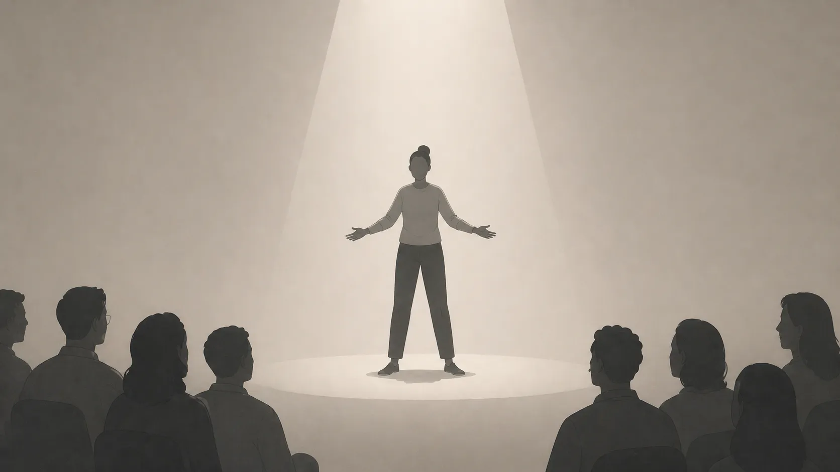A single figure stands centre stage under a soft light, surrounded by empty space. A small audience of indistinct silhouettes watch from the edges. The standing figure's posture is expansive — feet planted, arms slightly out.