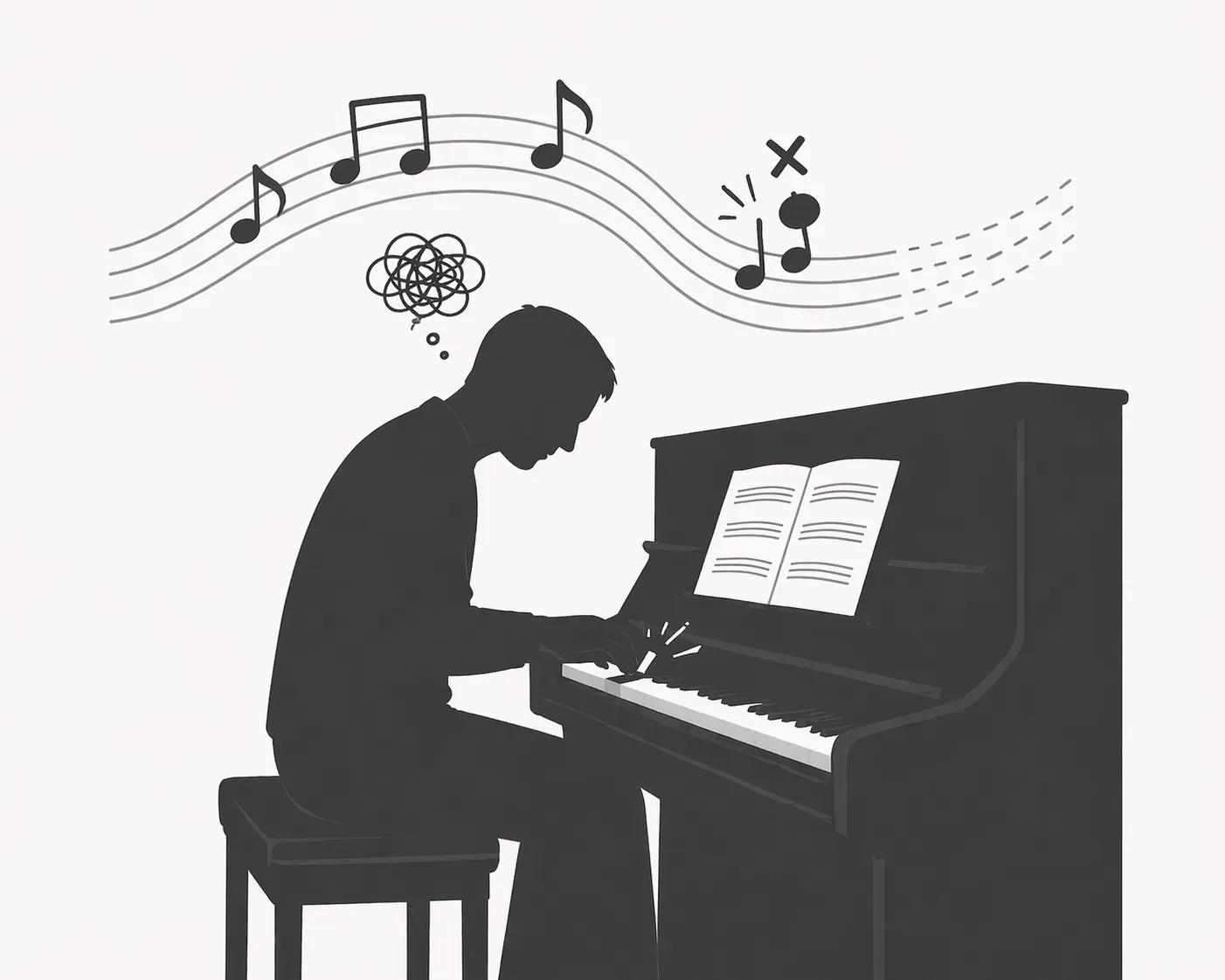 An image of a person playing the piano and feeling the music but experiencing mistakes and friction with a bad note.