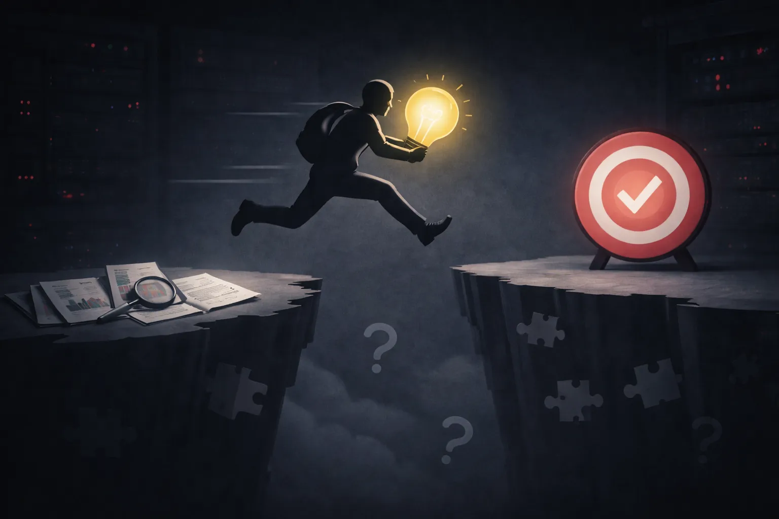 An image of a figure jumping over a chasm with a lightbulb, ignoring the evidence around them.