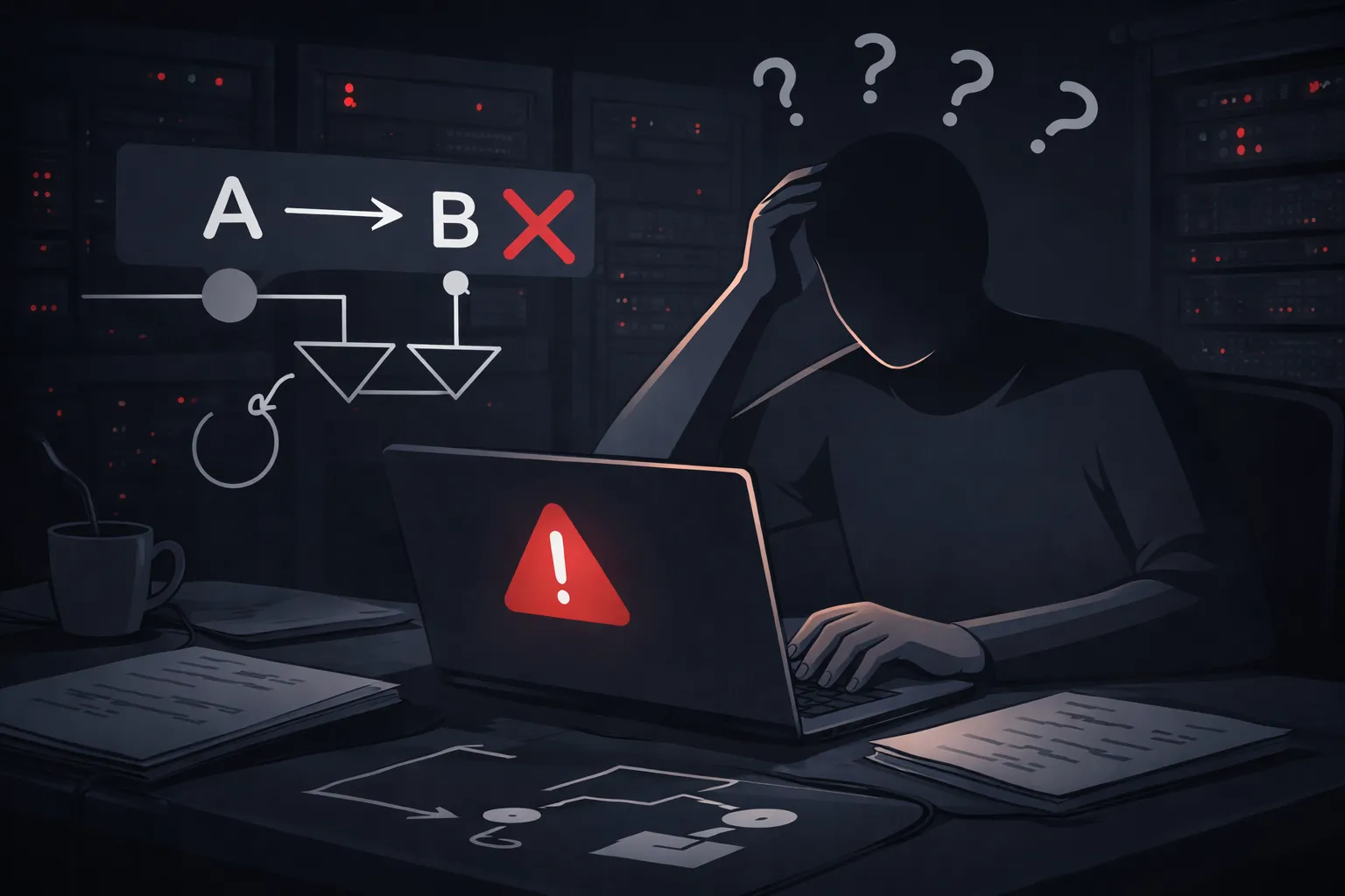 A figure with a confused expression, surrounded by question marks, trying to untangle a knot of negations.