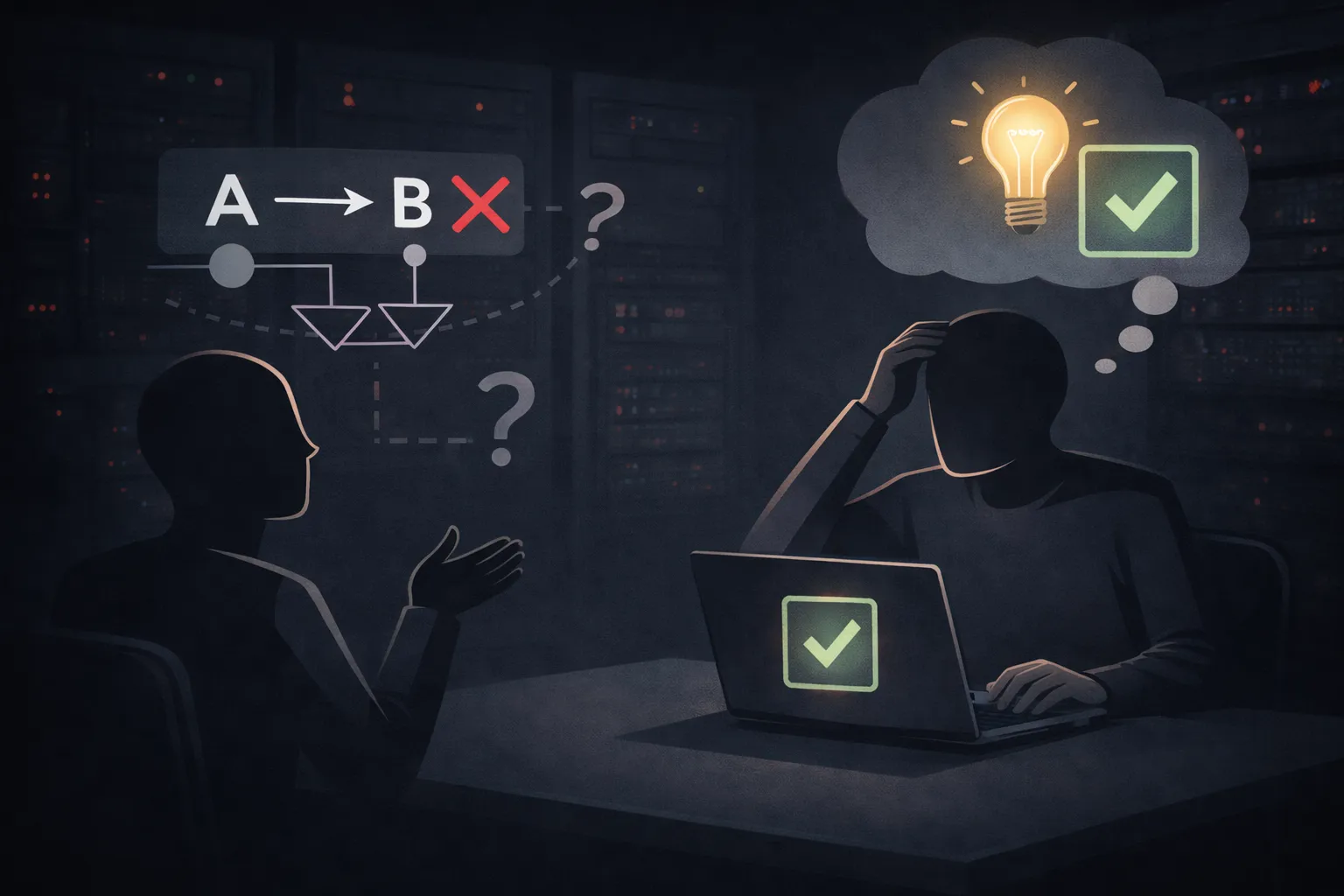 A figure pointing out a logical fallacy, while the conclusion is actually correct.