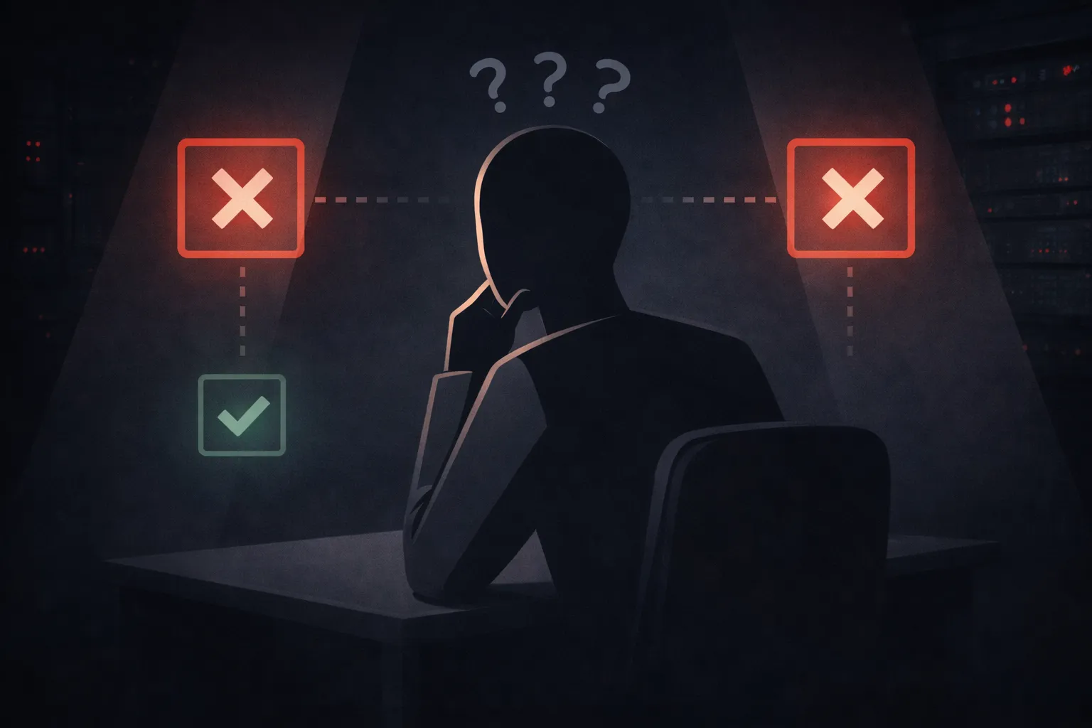 A figure looking at two wrong options and ignoring the correct one.