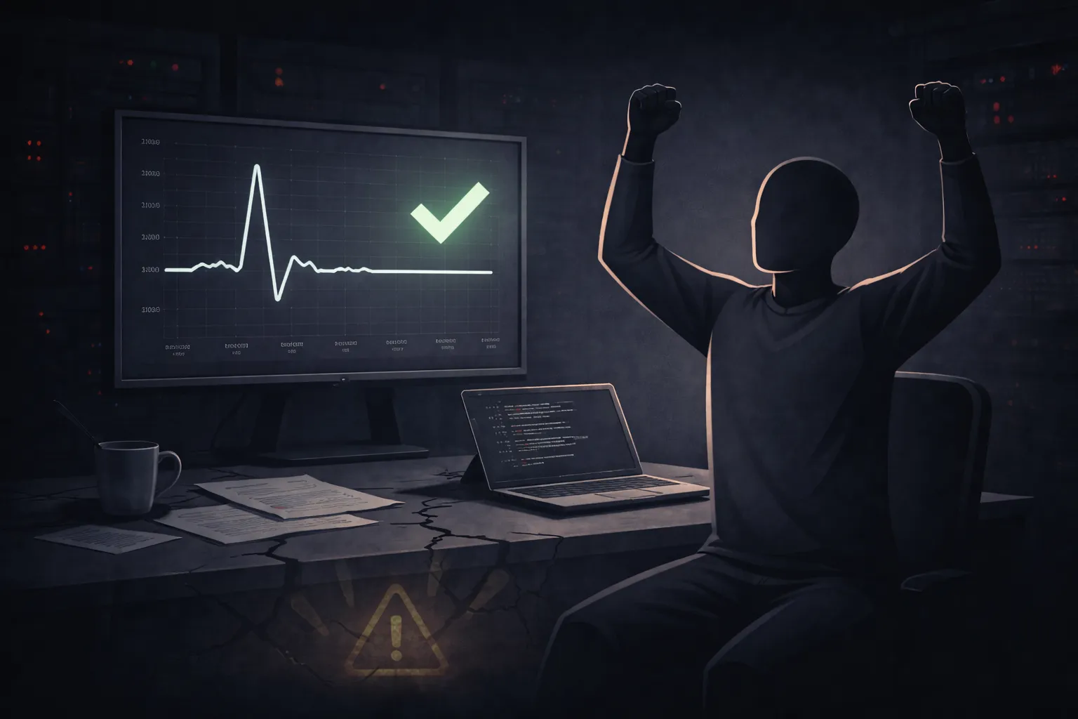 A figure looking at a graph with a spike, assuming their actions caused the spike to go down.