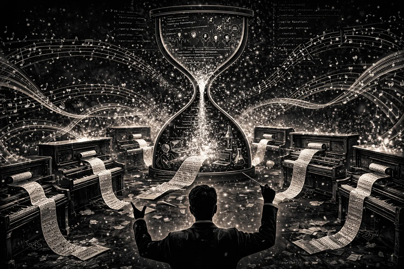 An orchestra of player pianos, with a conductor orchestrating them and a giant hourglass in the background.