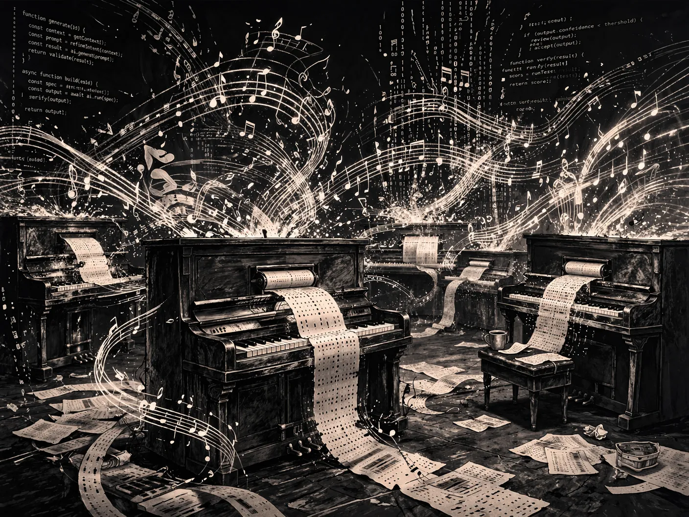 Many player pianos creating lots of music and code in a chaotic way.