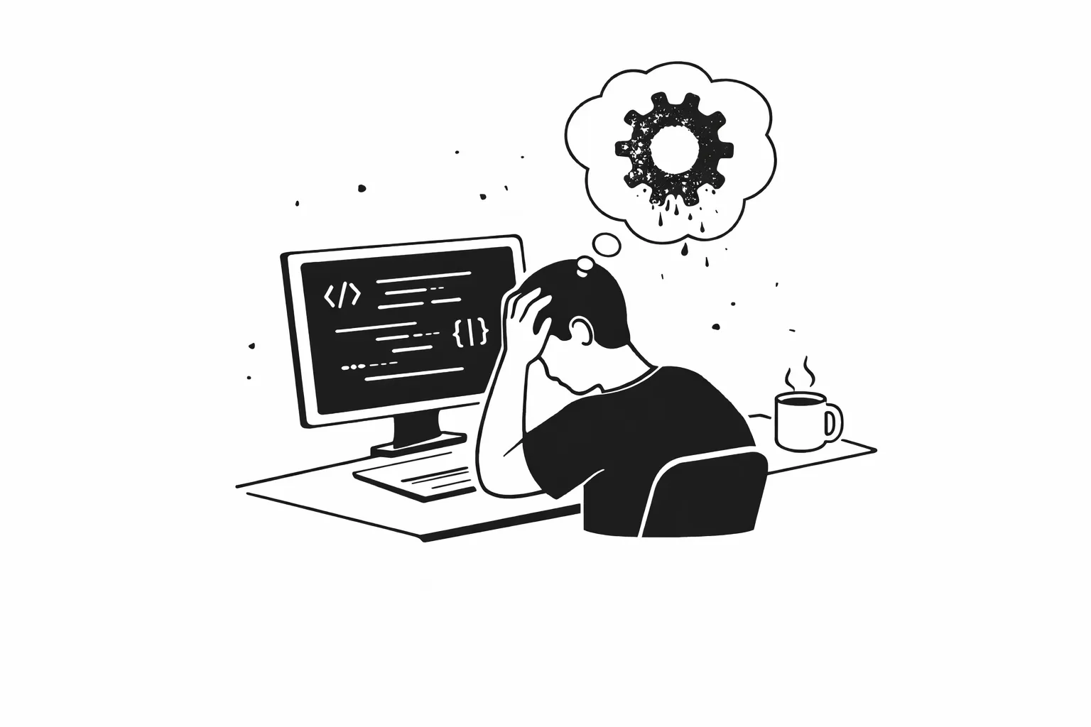 Someone at a computer looking contemplative and thinking about how rusty they have become at coding.