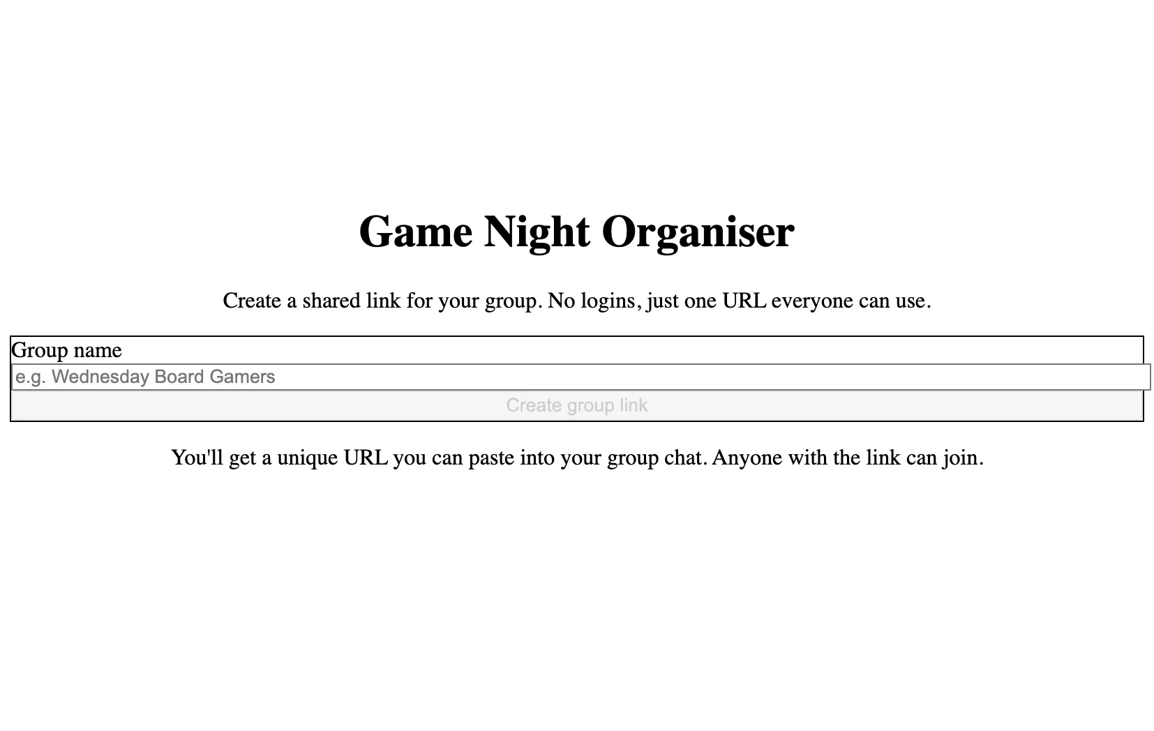 Group Creation Page with basic styling and some spacing issues