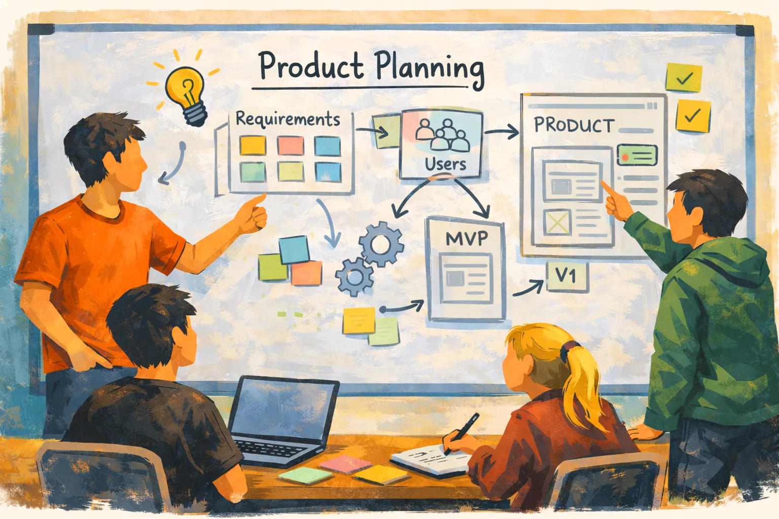 A group planning a product together in front of a whiteboard