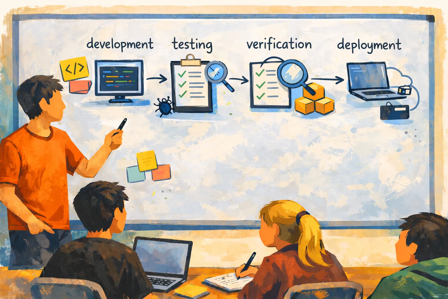 Whiteboard diagram of the software development process